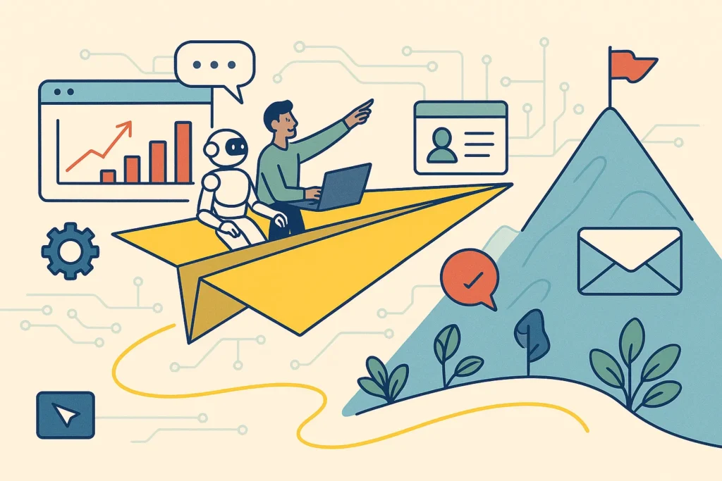 servicios estrategia digital marketing con ia con empresario y robot viajando en avión de papel hacia la cima de una montaña con bandera