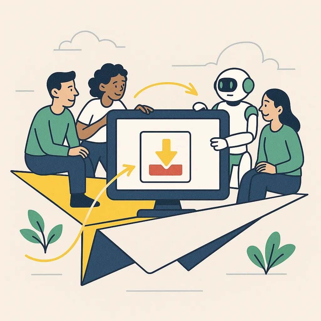 Equipo marketing digital con ia sentado en avión de papel delante de una pantalla invitando a descargar recursos