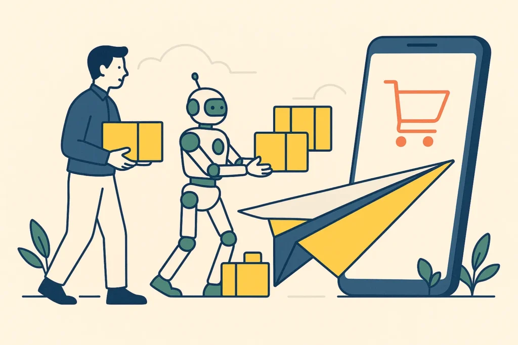servicio logística ia para ecommerce con robot y persona llevando paquetes hacia un carrito de compras en un móvil representando comercio electrónico