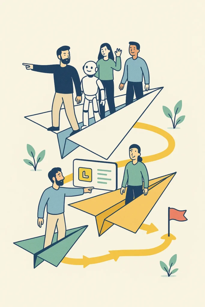 Equipos marketing digital con inteligencia artificial viajan en aviones de papel conectados por flechas hacia una bandera simbolizando servicios hacia el éxito